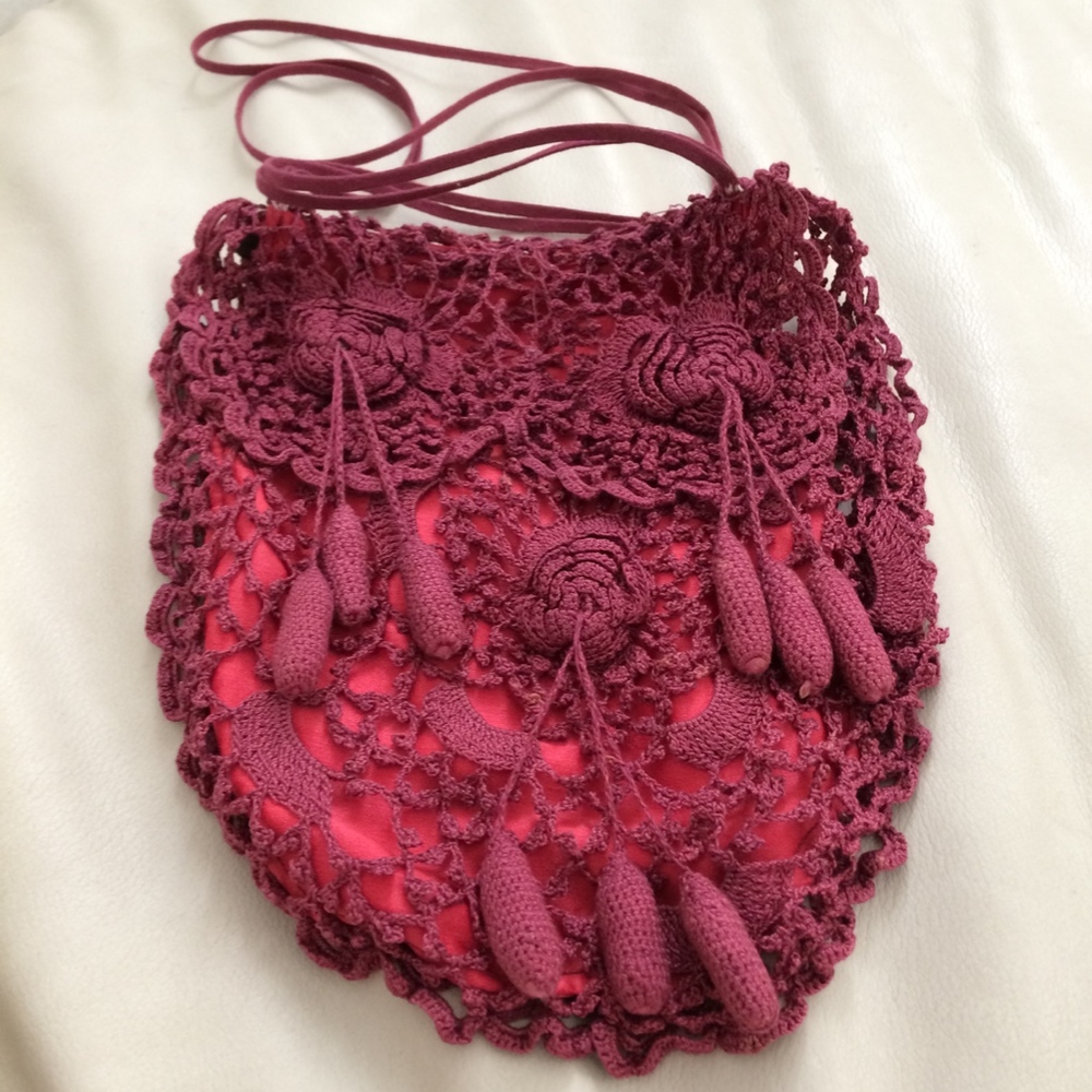 HANDMADE Magenta Crochet Cross-Body Bag w/ Tassels